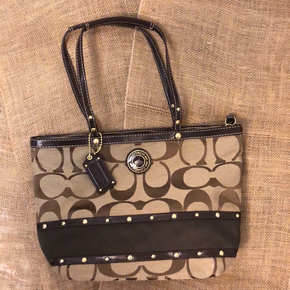 Coach Signature Stripe Studded Sateen Tote - Picture 2 of 8